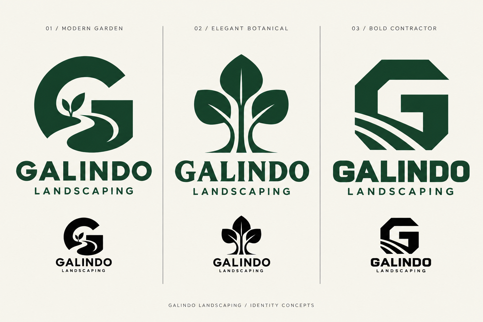Modern Garden: a rounded G with a garden path and sprout, above bold Galindo Landscaping lettering.