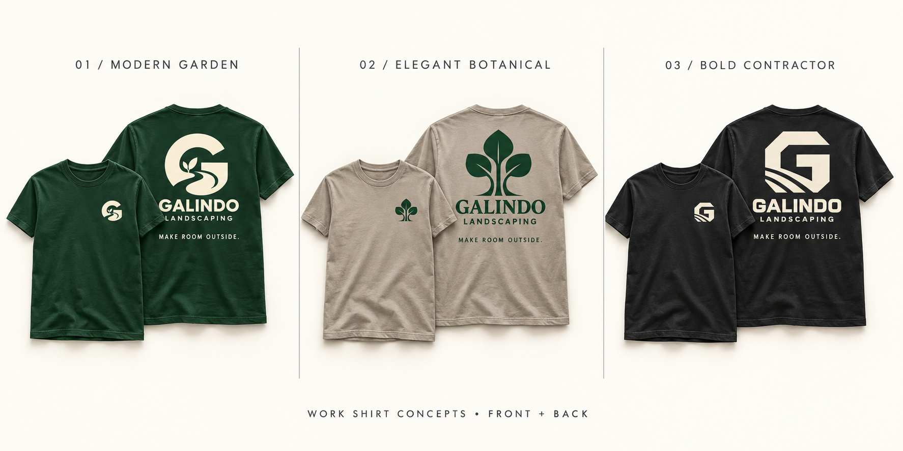 Three work-shirt directions for Galindo: forest green, stone, and charcoal, each shown front and back.