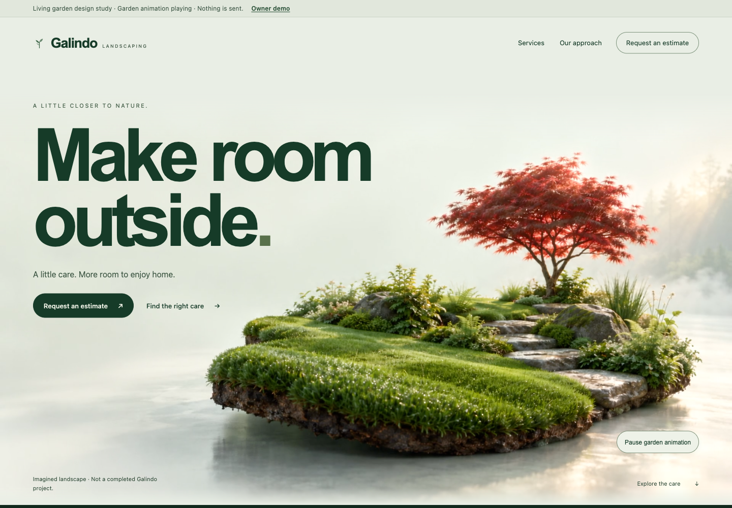Galindo website design preview: Make room outside, with a sculpted garden, lawn and stepping-stone path.